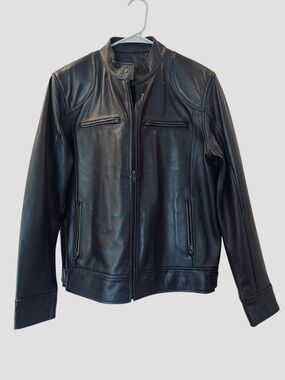 Men's Black Real Leather Biker Jacket Racer Moto Coat Size: Large